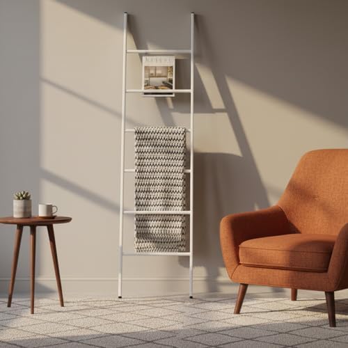 6-Tier Blanket Ladder 68 Inch Wall-Leaning Towel Rack for Living Room and Bedroom, Easy Assembly - White - Image 2