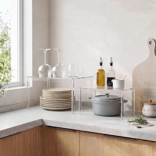 Delamu Cabinet Shelves, Clear Stackable Acrylic Storage Risers with Heavy Duty Support, Cabinet Organizer Shelf for Spices, Seasonings, Jars, Pantry, Kitchen Counter, Easy Assembly - Image 2