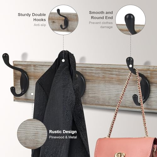 Coat Rack Wall Mounted, Entryway Wall Coat Rack with 4 Rustic Coat Hooks, 17” Vintage Pinewood Hanger Hat, Dual Hook for Hanging Keys Hats, Perfect for Entryway, Bathroom, Living Room - Image 5