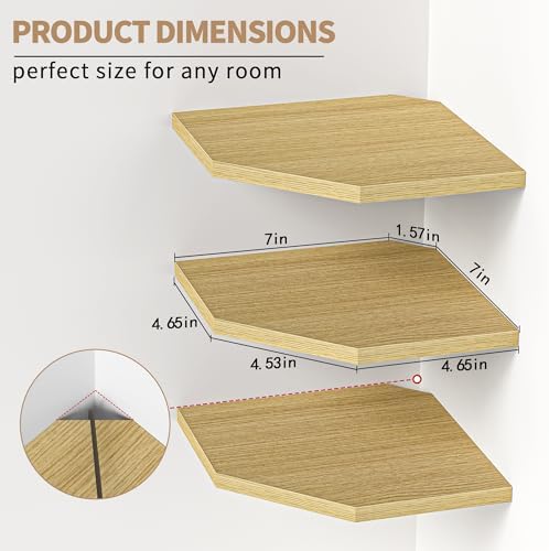 Corner Shelf Wall Mount, Floating Corner Shelves, Set of 6 Corner Wall Shelf Organizer, Rustic Wood Wall Storage Display Shelves for Living Room Bedroom Bathroom Kitchen, Rustic Brown, Oak - Image 3