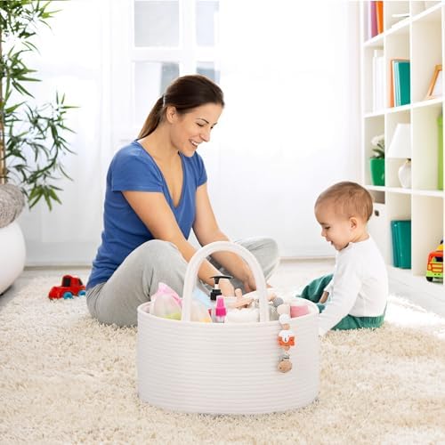 COMSE Baby Diaper Caddy Organizer with Handles, Cotton Rope, White - Image 3
