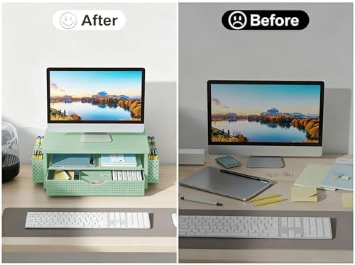 gianotter Desk Organizers and Accessories, Monitor Stand with Drawer and 2 Pen Holder, Desktop Organizer Suitable for Offices and Dormitories (Sage Green) - Image 6