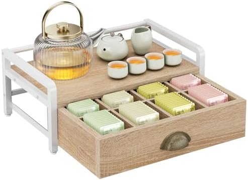 IBUYKE Tea Bag Organizer for Countertop,2 Tier Tea Box Organizer with Drawer,Wood Tea Bag Holder with Metal Frame,Tea Station Organizer for Kitchen Cabinet,Coffee Station,Office,Natural UTCJ004R by IBUYKE