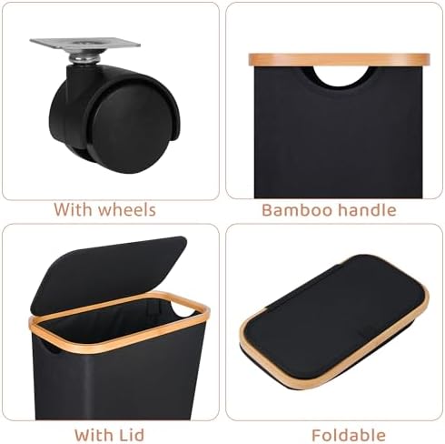 Slim Laundry Basket with Wheels,Narrow Hampers for Laundry,Freestanding Laundry Hamper with Lid&Bamboo Handles,Collapsible & Waterproof Tall Cloth Hamper for Dorm Family(60L Black) - Image 4