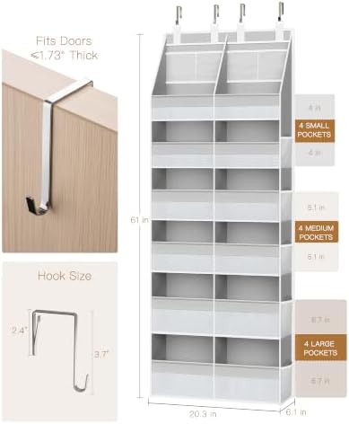 Criusia Over the Door Organizer, Extra Large 12 Compartments Closet Hanging Storage with 14 Mesh Pockets, 85lbs Capacity Behind the Door Storage for Baby Nursery, Bathroom, Bedroom, and Dorm, Grey - Image 2