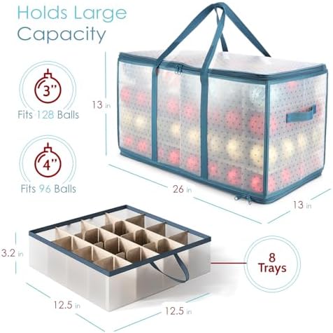 Large Christmas Ornament Storage Box With Adjustable Dividers - Plastic Ornament Storage Container For 128 Holiday Ornaments or Decorations - By Hearth & Harbor - Image 3
