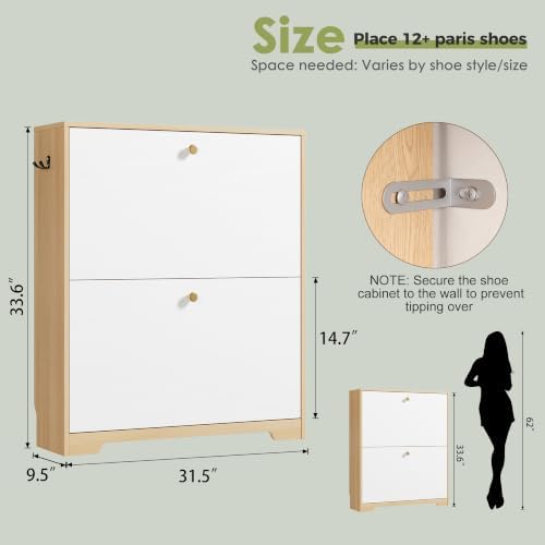 Nicetree Shoe Storage Cabinet with 2 Flip Drawers, Natural Oak and White - Image 2