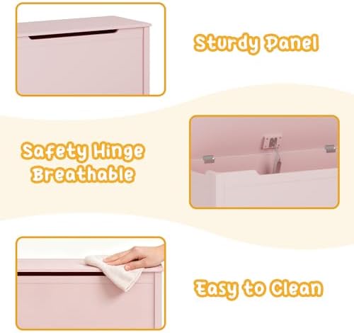 Kids Toy Box Chest, Large Wooden Storage Trunk Bench with Safety Hinged Lid for Ages 3+ Pink - Image 4