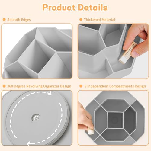 Cayxenful Pencil Pen Holder for Desk,9 Slots 360 Degree Rotating Desk Organizers,Desktop Storage Stationery Supplies Organizer, Cute Pencil Cup Pot For Office, School, Home(Grey) - Image 4
