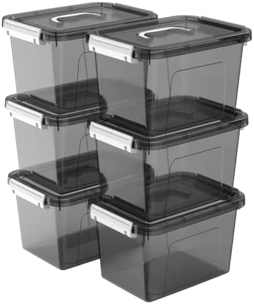 6 Quart Stackable Plastic Storage Bins with Lids, 6 Pack Clear Black Small Organizer Boxes with Latches for Bathroom, Pantry, Office Desk and Small Item Storage by JUJIAJIA