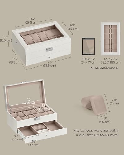 SONGMICS 12-Slot Watch Box, Lockable with Glass Lid, 2 Layers Watch Case - Image 5