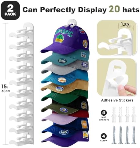 2 Pack Hat Organizer for Baseball Caps, Hat Rack for Wall Hold Up to 20 Hats, Hat Holder with Strong Adhesive and Screws, Hat Organizer Wall Mounted Hat Hanger Display for Door Closet Bedroom(B-White) - Image 2