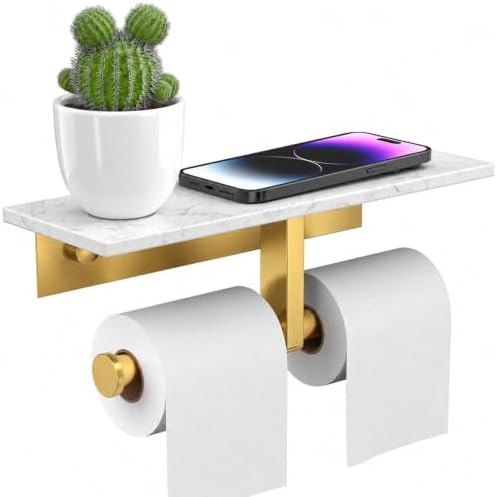 BWE Toilet Paper Holder with Marble Shelf, Toilet Paper Roll Holder Wall Mounted, Toilet Paper Roll Holder with Phone Shelf 304 Stainless Steel Tissue Holder for Bathroom Washroom (Double Gold) by BWE
