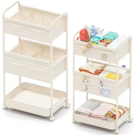 Baby Diaper Caddy, Premium Metal& Felt Movable Cart with Dividers for Newborn Nursery Essentials, Large Capacity Rolling Diaper Storage Caddy Organizer for Changing Table &Crib, Easy Assembly by BOPHILI