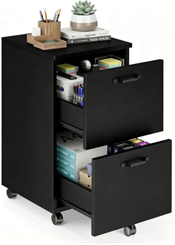 2 Drawer Filing Cabinet, Wood Rolling Filing Cabinets with Printer Stand, Under Desk Storage Lockable Wheels, Home Office Organizer for A4 Letter Legal Size Documents,Black by SimpleDeluxe