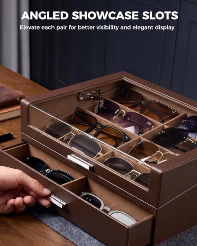 ProCase 16 Slots Sunglasses Box Organizer with L-Shaped Clear Lid -Espresso - Image 4