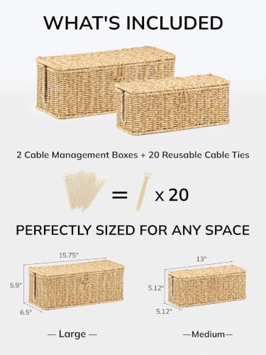 Cable Management Box, Cord Organizer with Lid & Cable Ties - Natural Set - Image 2