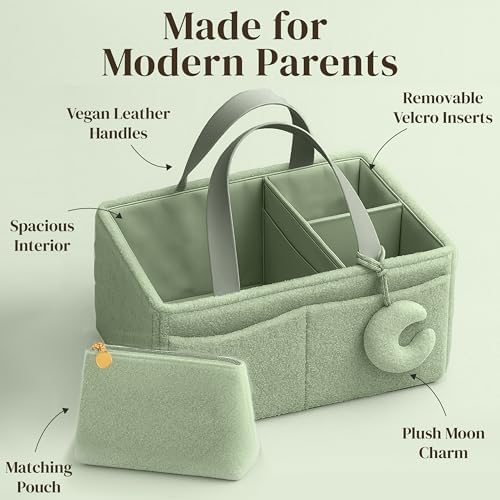 Orelle Bouclé Diaper Caddy Organizer with Matching Pouch & Moon Pendant | Teddy Portable Changing Table Organizer | Sage Green Diaper Caddy | Must-Have Baby Shower Gifts | Sage Green - Image 4