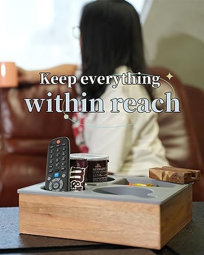 Couch Cup Holder Tray, Handy Soft Silicone Acacia Wooden Couch Caddy for Bed Car Seat Beach Organizer, Waterproof Anti-Spill Sofa Cup Holder for Snacks Beverage Remote (Green) - Image 6