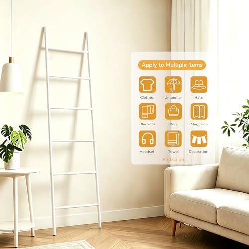 6-Tier Blanket Ladder 68 Inch Wall-Leaning Towel Rack for Living Room and Bedroom, Easy Assembly - White - Image 4