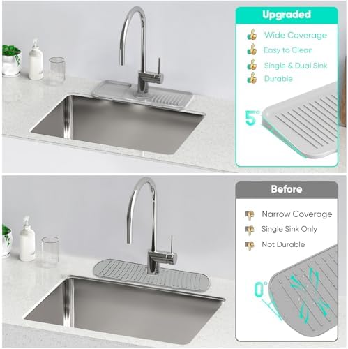 14.6'' Faucet Mat for Kitchen Sink [5°Slope Fast Self-draining] Kitchen Sink Splash Guard Silicone Kitchen Sink Faucet Mat Splash Guard for Kitchen Sink Area Faucet Guard Draining Mat Light Gray - Image 6
