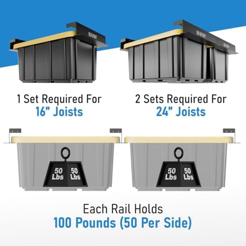USA Based Overhead Garage Storage Rack, Connectable Heavy Duty Metal Ceiling Rails Garage Storage Organization Shelving System, Hanging Racks Tote Containers, Supports Up To 3 Bins, 2 Sets Black - Image 5