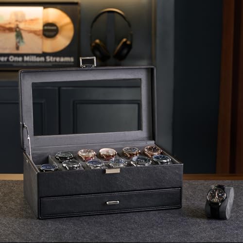 ProCase Premium Watch Box for Men, Jewelry Organizer Box with Drawer, Display Storage Case with Glass Lid -Black, 12 Slot - Image 2