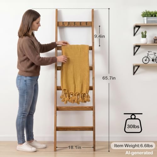 TEAKMAMA 6-Tier 5.4ft Blanket Ladder with Hooks Farmhouse Honey Brown - Image 3