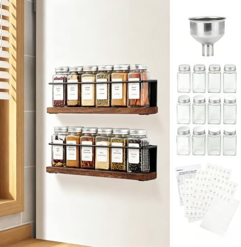 Magnetic Spice Rack Organizer with 12 Jars, 216 Labels, 1 Steel Funnel for Refrigerator，Microwave Oven - Full Set of Seasoning Organizer, Kitchen Gadgets by KitHero