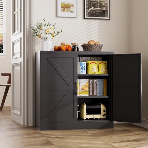Black Storage Cabinet with Doors and Adjustable Shelves,36" Tall Farmhouse Food Pantry Cabinets,Small Sideboard Cabinet,Short Metal Storage Cabinets for Home Kitchen,Dining/Living/Laundry/Room - Image 2