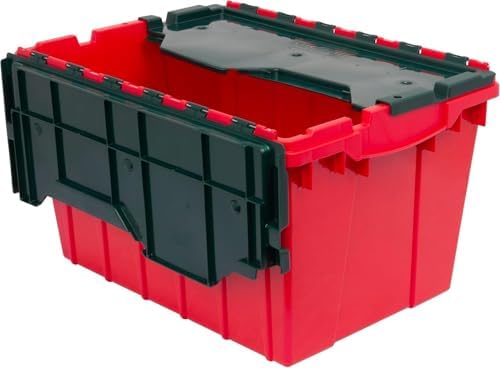 Akro-Mils 66486RDGRN 12-Gallon Plastic Stackable Storage KeepBox Tote Container with Attached Hinged Lid, 21-1/2-Inch x 15-Inch x 12-1/2-Inch, Red/Green by Akro-Mils