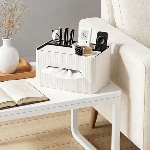 KINGFOM Leather Tissue Box Cover with Storage Tray, Decorative Tissue Box Holder Organizer for Office Desk, Bedroom & Nightstand, Remote Control Holder for Perfume, Watch, Glasses, Pens (Ivory White) - Image 4