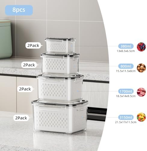 8 Pack Fruit Storage Containers for Fridge with Removable Colander - Image 2