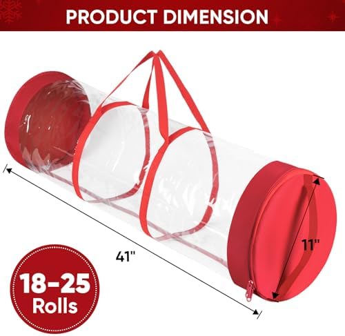 BALEINE Christmas Wrapping Paper Organizer Storage, 41" Gift Wrapping Paper Storage Containers, Clear PVC with Durable 600D Oxford Fabric Gift Wrap Paper Holder Fits 18-25 Rolls, Golden - Image 4