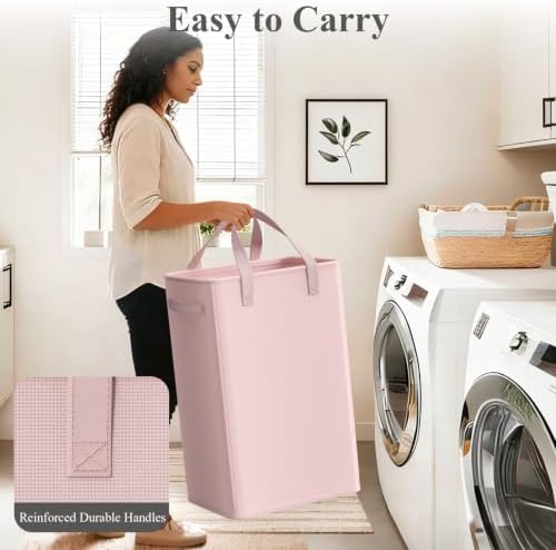 Optish 90L Pink Slim Laundry Hamper, Large Laundry Basket with Handles, Baby Hamper for Nursery, Dorm, Bedroom, Living Room, Collapsible Laundry Basket - Image 5