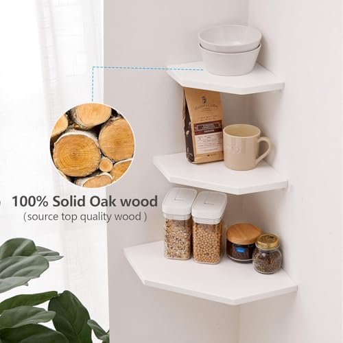 Corner Floating Shelves, White Corner Wall Shelf Set of 2, Solid Oak Wood Corner Shelves Wall Mount Shelf with Wire Hole Small Plant Display for Kitchen Living Room Bedroom - Image 4
