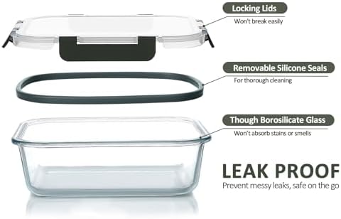 M MCIRCO 5 Pack 36 oz Glass Food Storage Containers with Lids,4.5 Cups,Gray - Image 3