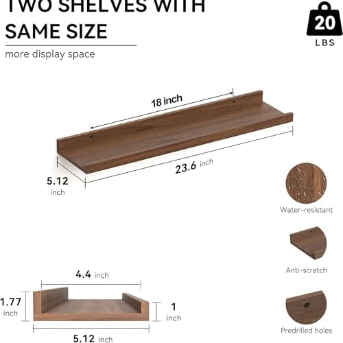 Boswillon Floating Shelves Set of 2, Long Wall Shelf with Lip, 24in, Walnut - Image 3