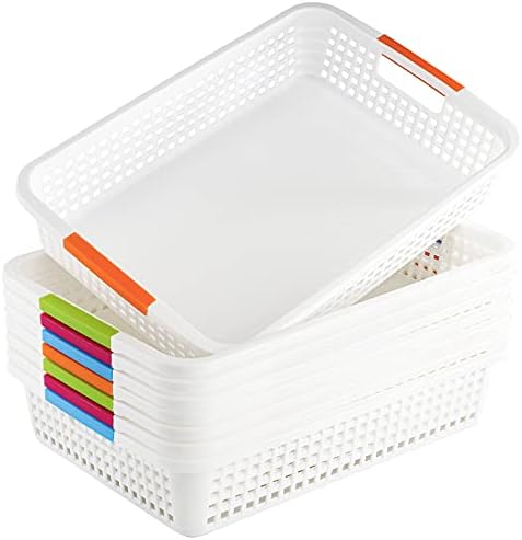 Lawei 8 Pack Large Plastic Storage Basket with Handle - 15 x 10 x 3 Inch Pantry Organizer Basket Bins Desktop Paper Storage Basket for Organization, Countertops, Cabinets, Bedrooms, Bathrooms by ENJOYEVERYMOMENT