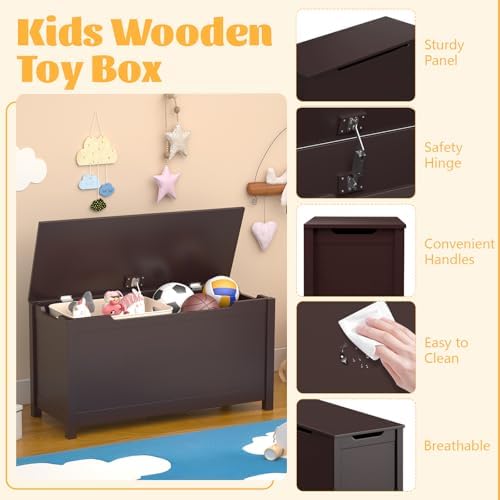 Kids Toy Box Chest, Large Wooden Storage Trunk Bench with Safety Hinged Lid for Ages 3+, Dark Brown - Image 3