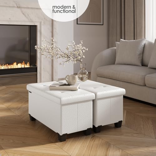 Storage Ottoman Bench Storage Bins,30-In Storage Bench for Bedroom End Bed,Folding Foot Rest Ottoman Storage for Living Room,Storage Chest Max 660lbs,Faux Leather Ottoman,White - Image 2