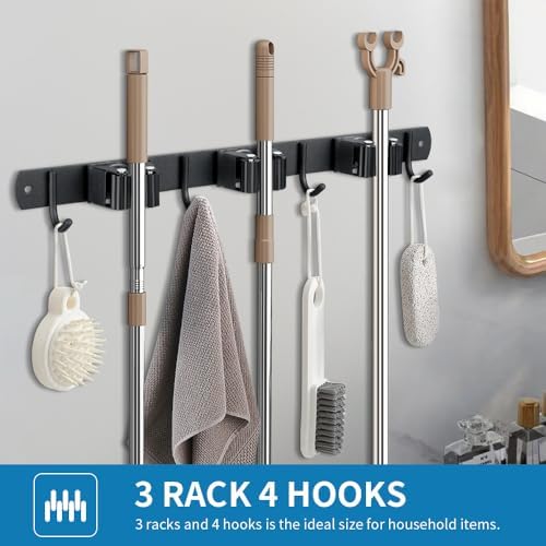 2 Pack Broom Hanger and Mop Holder, Heavy Duty Garden Tool Organizer Rack Rake and Shovel Handle, Stainless Steel Wall Mounted Utility Rack with Screws (5 Racks with 4 Hooks, Matte Black). - Image 6