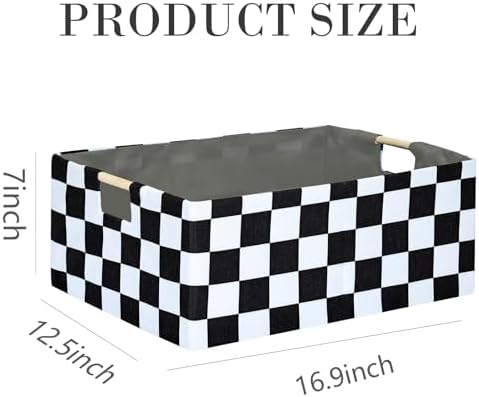 Black White Checkered Storage Basket with Wooden Handles, 16.5 x 12.2 x 6.7 Inch Fabric Organizer Bin for Shelves, Closet, Bedroom and Living Room, 1 Pack - Image 2