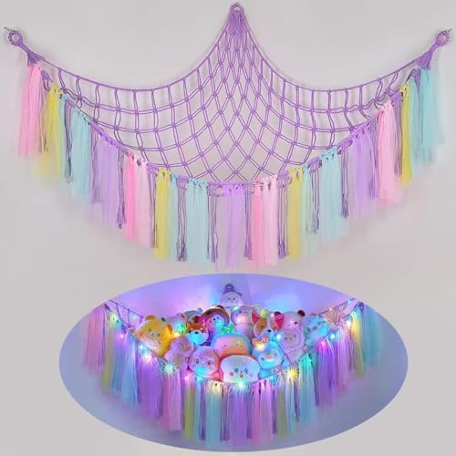 THIDARGO Stuffed Animal Hammock Storage Net with LED Lights, Colorful Tassels, 59in, for Kids Bedroom Nursery Playroom, Includes 3 Hooks (not including battery) (Purple) by THIDARGO