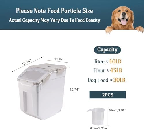 2 Pack Rice Storage Container with Measuring Cup 50 lb Flour Storage Container with Wheels, BPA Free Food Storage Container Dog Cat Food Bin Set for Dry Food Sugar, Cereal(Gray) - Image 2