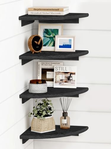 Forbena Black Corner Floating Shelves for Wall Set of 4, Small Rounded Corner Shelves Wall Mount for Bedroom Books, Mini Wood Hanging Corner Shelf for Bathroom Decor, Living Room, Small Spaces by Forbena
