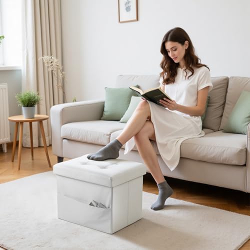 Bsketa Storage Ottoman Bench,16 Inch Folding Leather Foot Rest Stool, White - Image 2