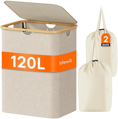 Lifewit 120L Large Laundry Basket with Lid, 2 Removable Bags, Beige by Lifewit