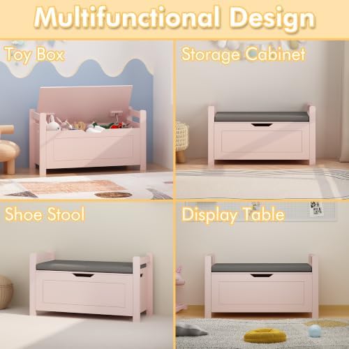 Storage Chest, Storage Bench with Cushion Seat, Toy Chest, Wooden Toy Box with 2 Safety Hinges, Shoe Bench, for Entryway, Living Room, Bedroom, Pink - Image 5