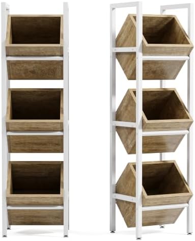 LITTLE TREE 3-Tier Basket Stand, Wooden Floor Stand Shelving Unit, Standing Organizer Storage Rack for Kitchen, Bathroom, Living Room (Light Brown, 2) by LITTLETREE